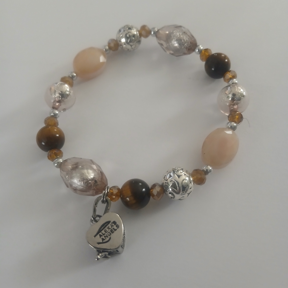 Alexa's Angels Beaded Bracelet Womens OS Brown Silver Heart‎ Locket Tiger's Eye